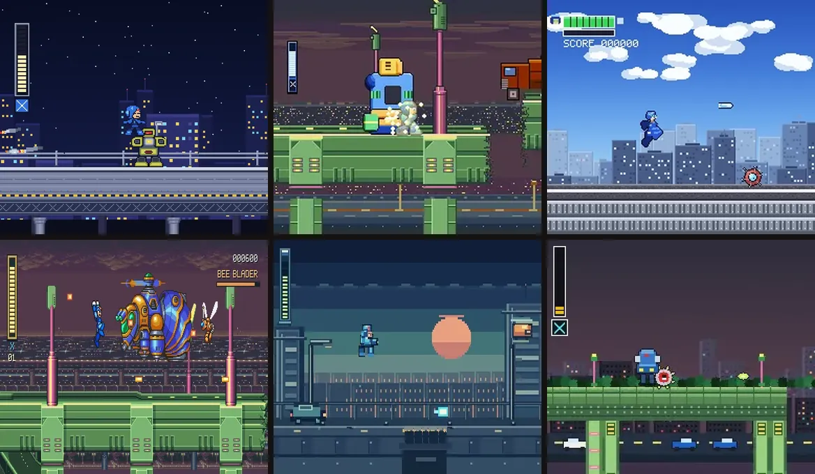Six gameplay stills of the first Mega Man X stage, each built by a different AI model from the same prompt.
